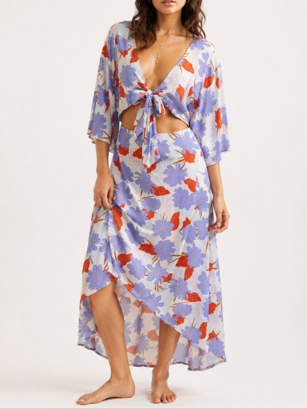 L*Space Kellen Floral Tie Front Cutout Hi Low Midi Dress Boho Resort Coastal L